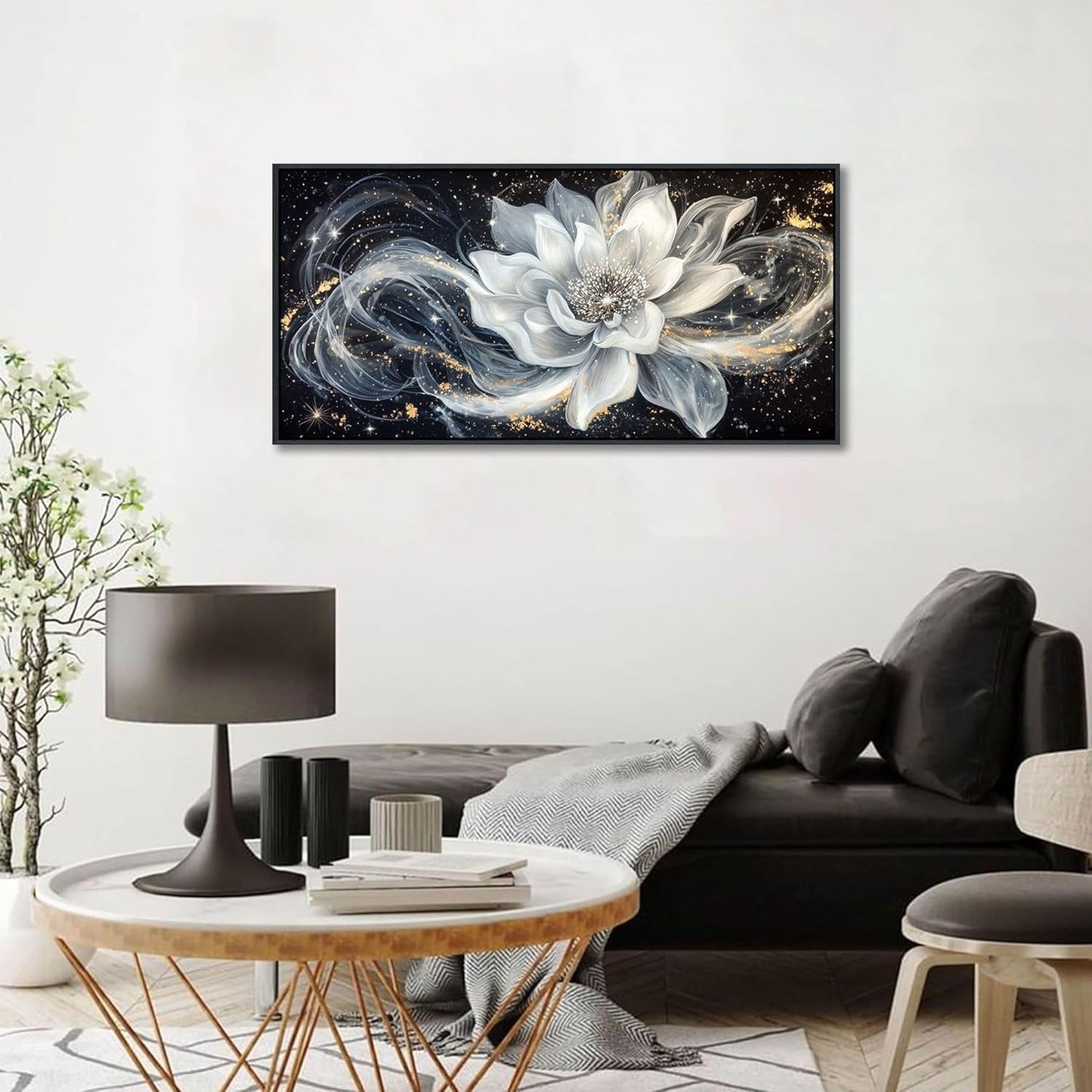 QZQCBLC Black and White Floral Wall Art, Abstract Lotus Flower Framed Canvas Painting White Gold Petals Modern Pictures Artwork for Living room Bedroom kitchen Bathroom Home Office Decor 20x40 IN