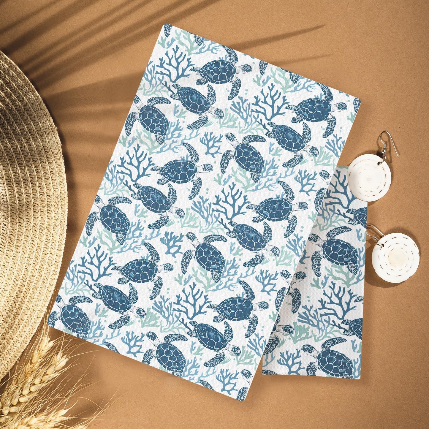 Coral Sea Turtle Coastal Kitchen Towels, Navy Blue Beach Hand Towels for Bathroom, Blue Ocean Animal Beachy Nautical Dish Tea Towels for Kitchen Decor, 16x24 Inches
