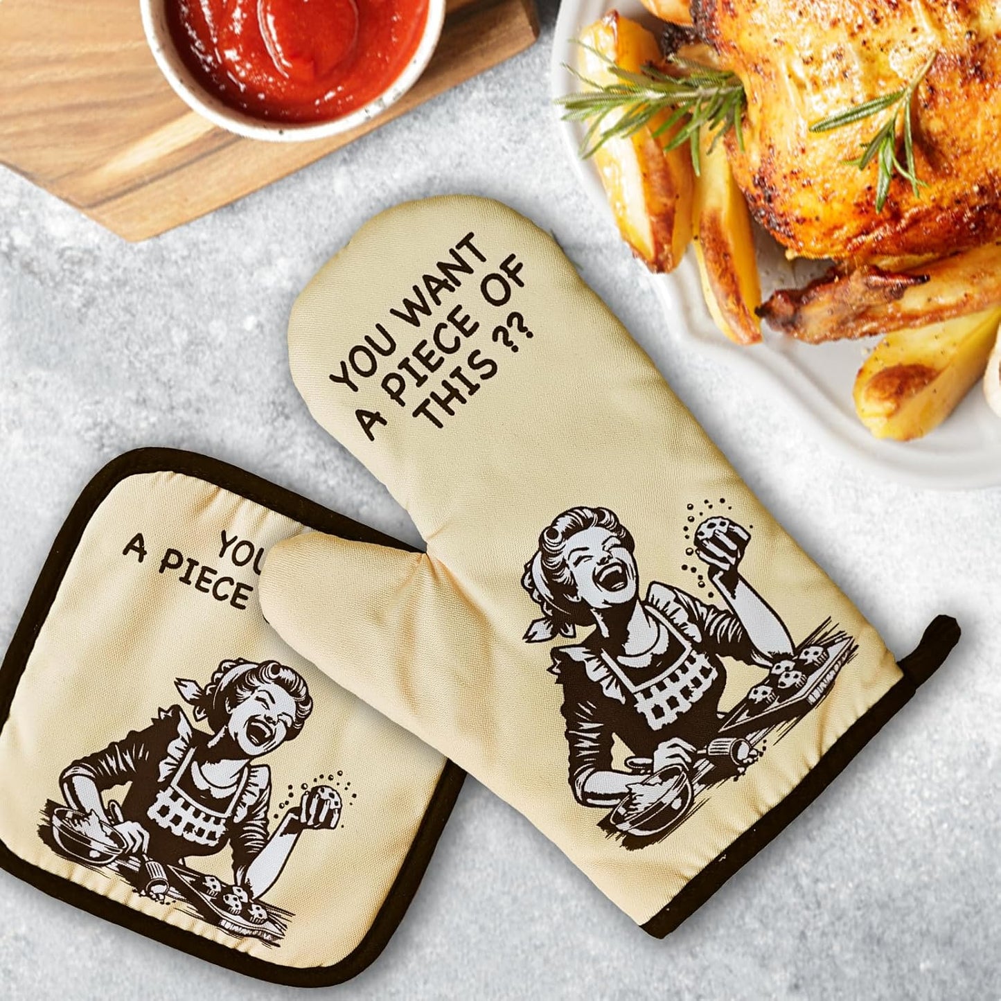 Funny Oven Mitts and Pot Holders（Set of 2） You Want A Piece of This Heat Resistant Mitts Retro Housewife Silicone Non-Slip Oven Mitts Novelty Kitchen Baking Gift for Women Hostess Bake Lover