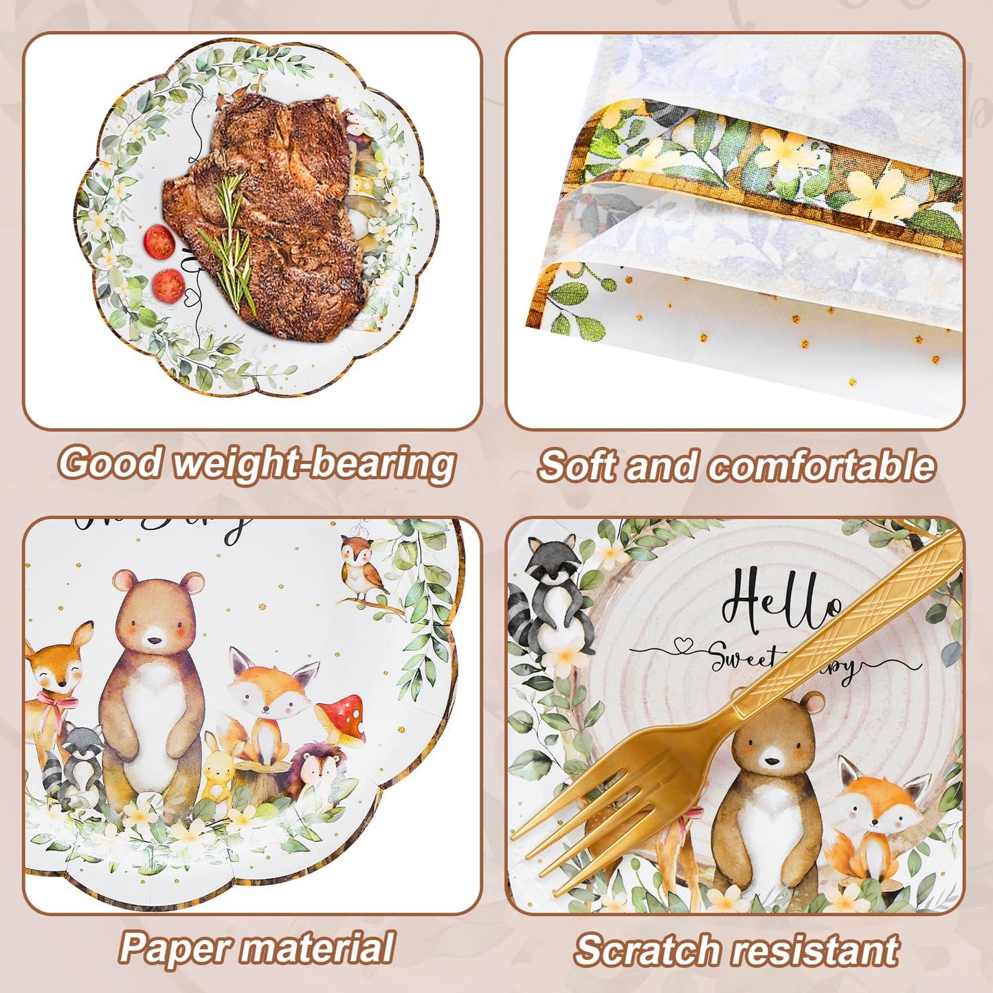 96 Pieces Woodland Baby Shower Tableware Set – Scalloped Forest Animal Disposable Dinnerware with Paper Plates, Napkins, and Forks for Gender Neutral Baby Showers and Birthday Parties – Serves 24