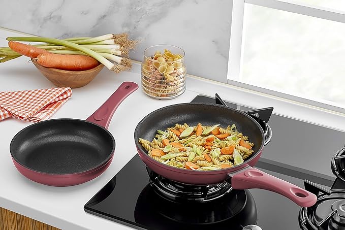 SAFLON Titanium Nonstick 2 Piece Fry Pan Set 4mm Forged Aluminum with PFOA Free Scratch-Resistant Coating from England, Dishwasher Safe (Red)