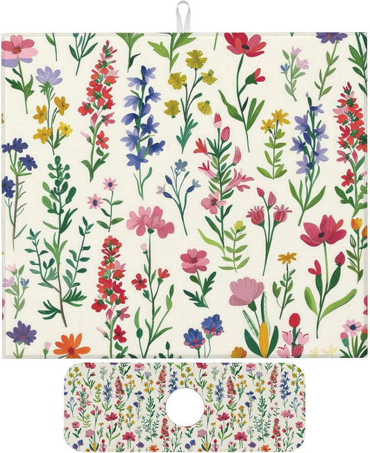 Watercolor Wildflower Dish Drying Mat for Kitchen Counter, 16"x18" Microfiber Absorbent Fast Dry Mat, 2Pcs Dish Mat Faucet Mats Sets, Large Drying Kitchen Mat Kitchen Drying Pad Coffee Bar Decor Gifts