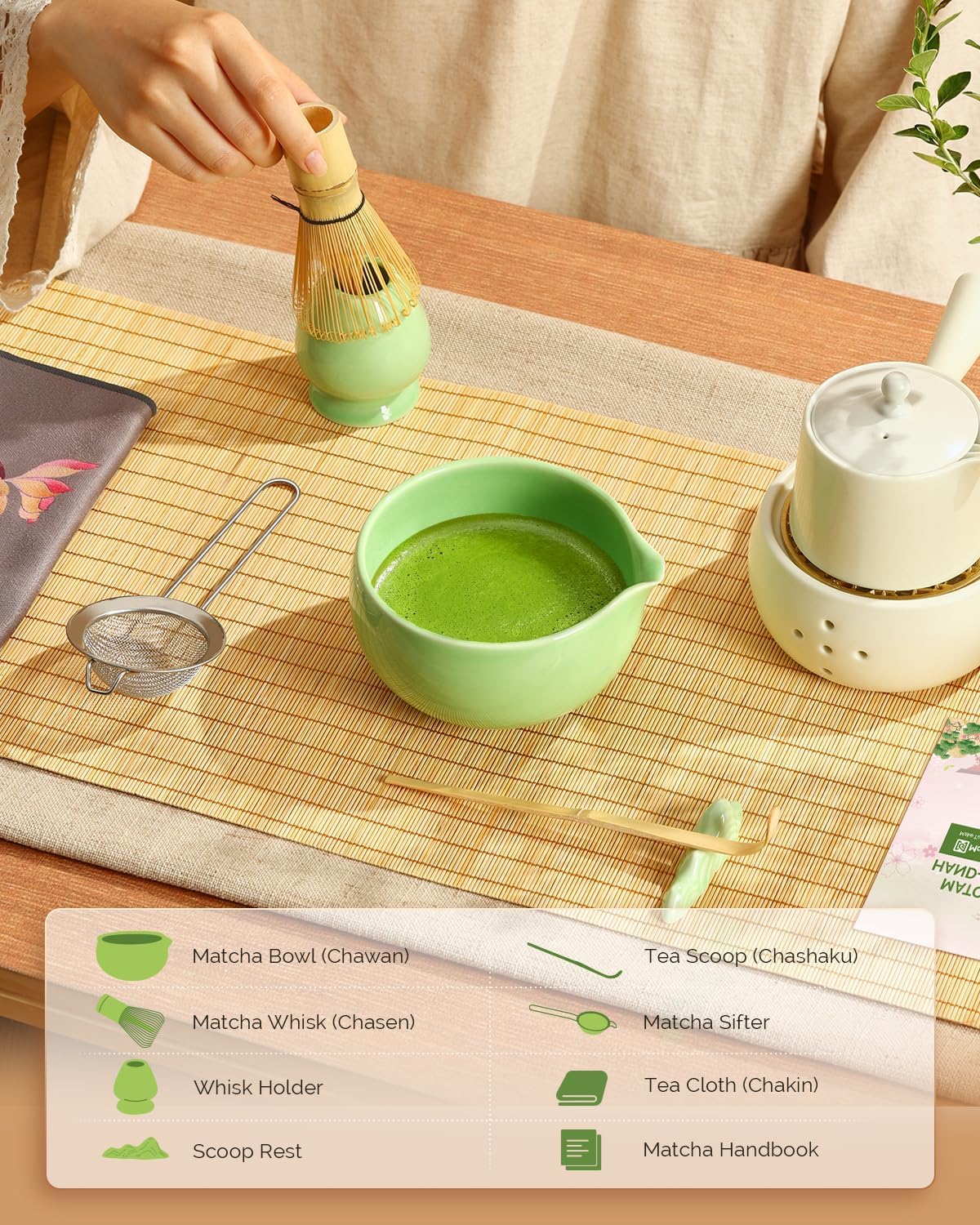Maestri House 7 Pcs Matcha Whisk Set, Ceramic Tea Kit with Spouted Bowl, Whisk & Holder, Bamboo Scoop, Scoop Rest, Sifter & Cloth – Complete Japanese Tea Gift Set for Beginners & Tea Lovers (Green)