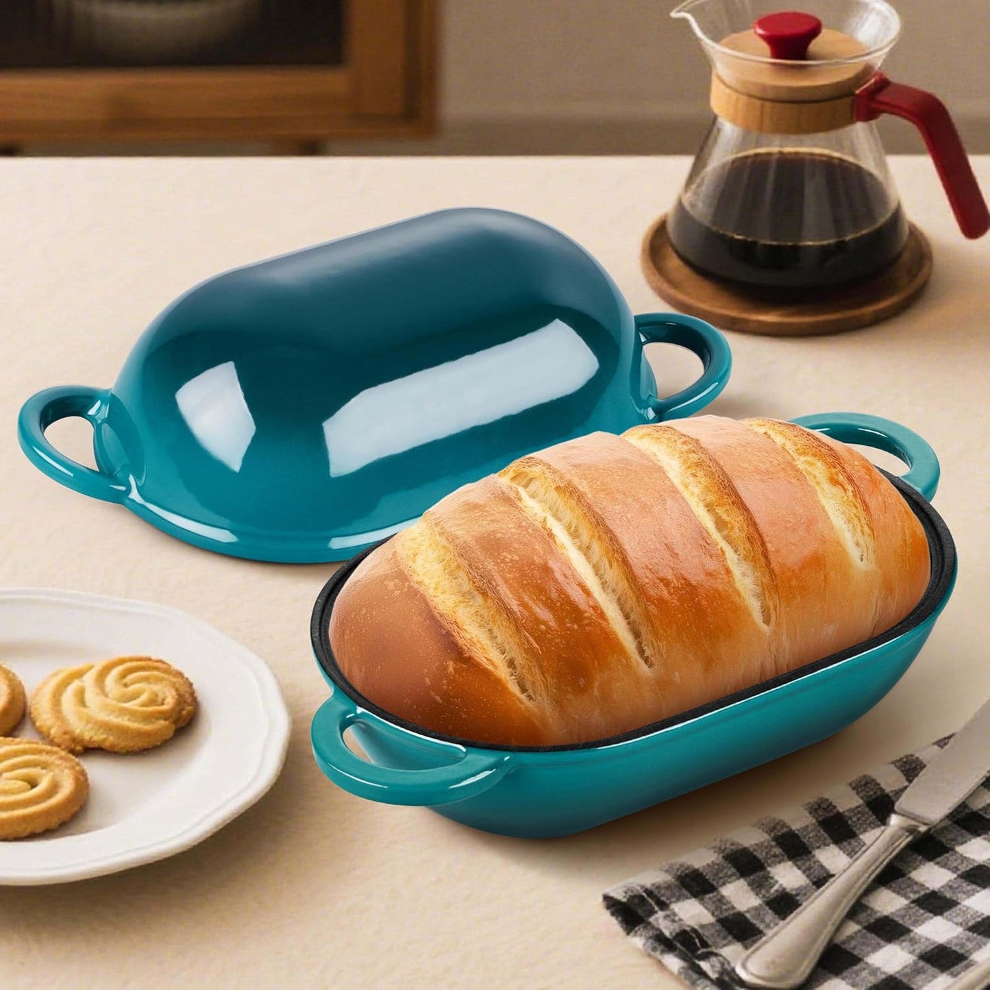 Homikit Enameled Cast Iron Dutch Oven for Bread Baking, 2.8 QT Oval Bread Oven Pot with Lid, Sourdough Loaf Iron Dutch Oven Pan for Roasting Cooking, Dark Green & Heavy Duty