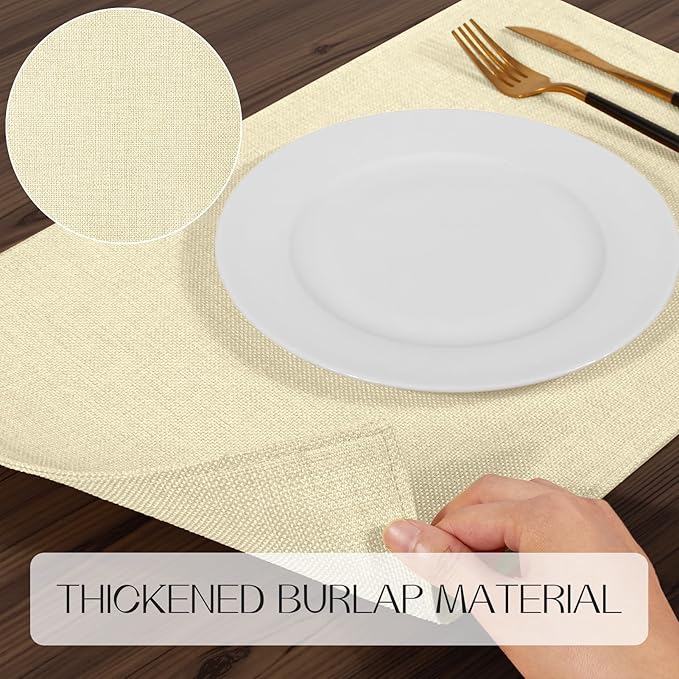 Romanstile Cloth Placemats Set of 6-12 x 18 Inch, Heat Resistant Double Layered Thickened Burlap Place Mats, Washable Linen Farmhouse Table Mats for Kitchen/Dining/Party/Outdoor, Cream