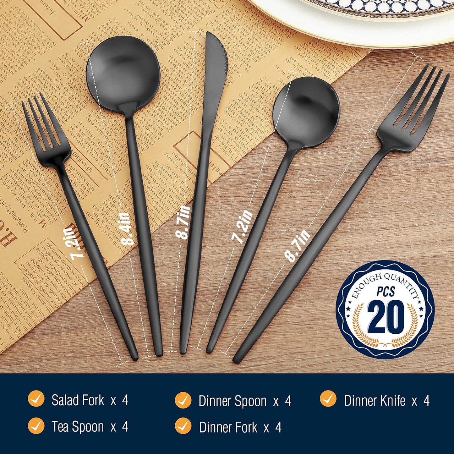 BirdyFly Black Silverware Set, 20 Piece Stainless Steel Flatware Set Service for 4, Matte Black Cutlery Set, Include Knives/Forks/Spoons, Dishwasher Safe