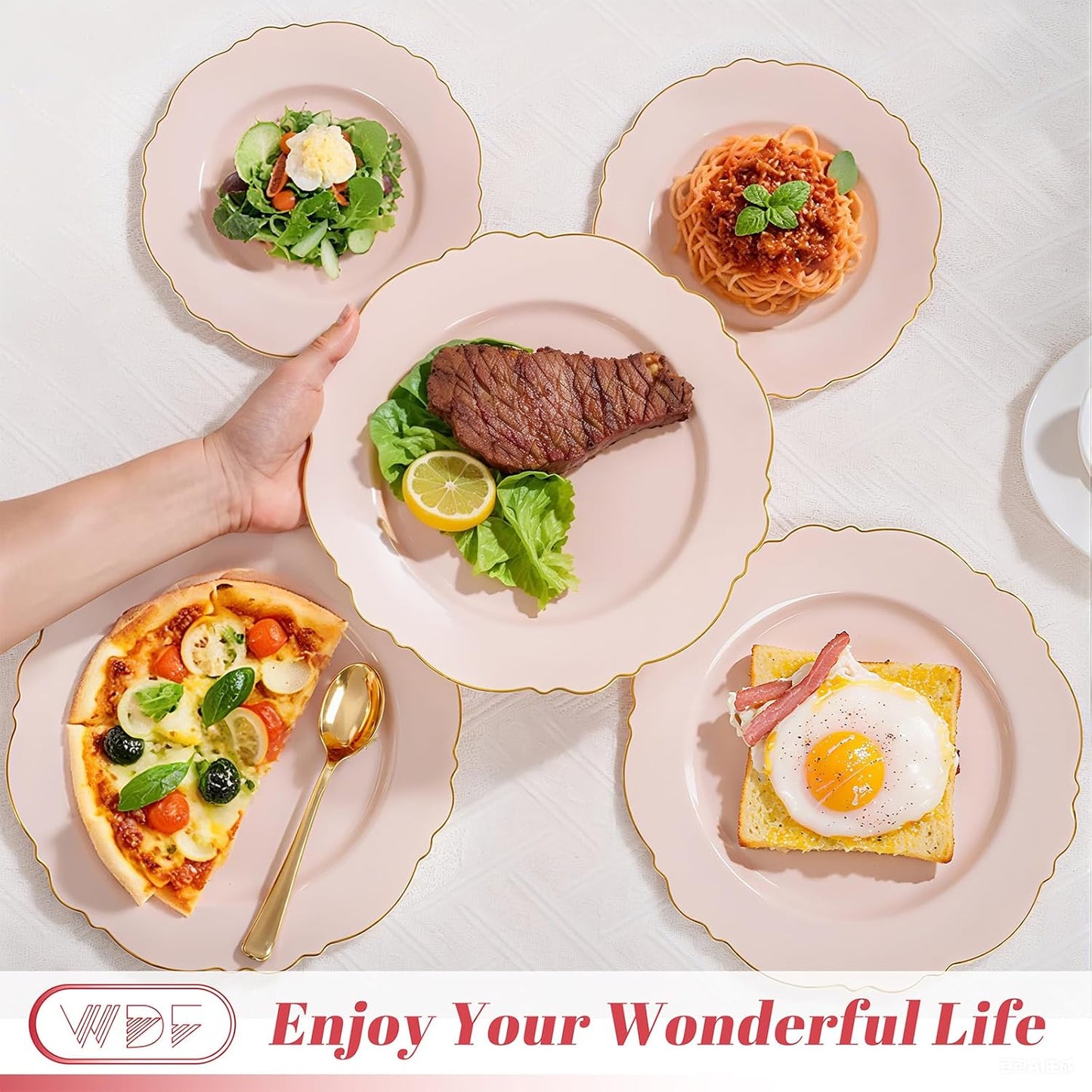 WDF 100pcs Pink Plastic Plates - High-end Baroque Design - Pink and Gold Plates for Upscale Party & Baby Shower - Including 50 Disposable Plate 10.25inch, 50Salad Plate 7.5inch