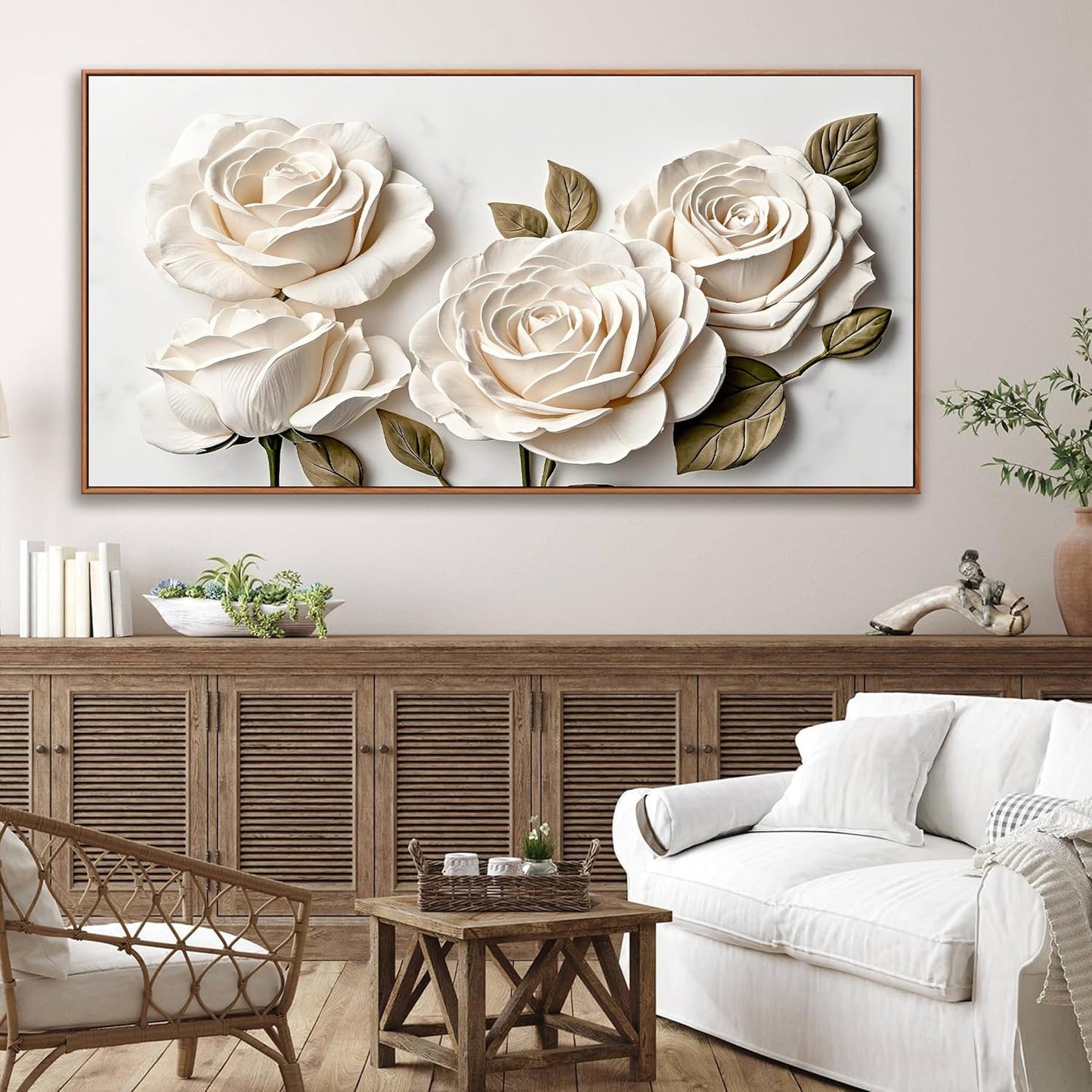 Suconvng Large Floral Wall Art Modern Canvas Art Wall Decor Painting White Flower Wall Art For Bedroom Office Home Wall Decoration 29" X 58" With Framed Wood Frame