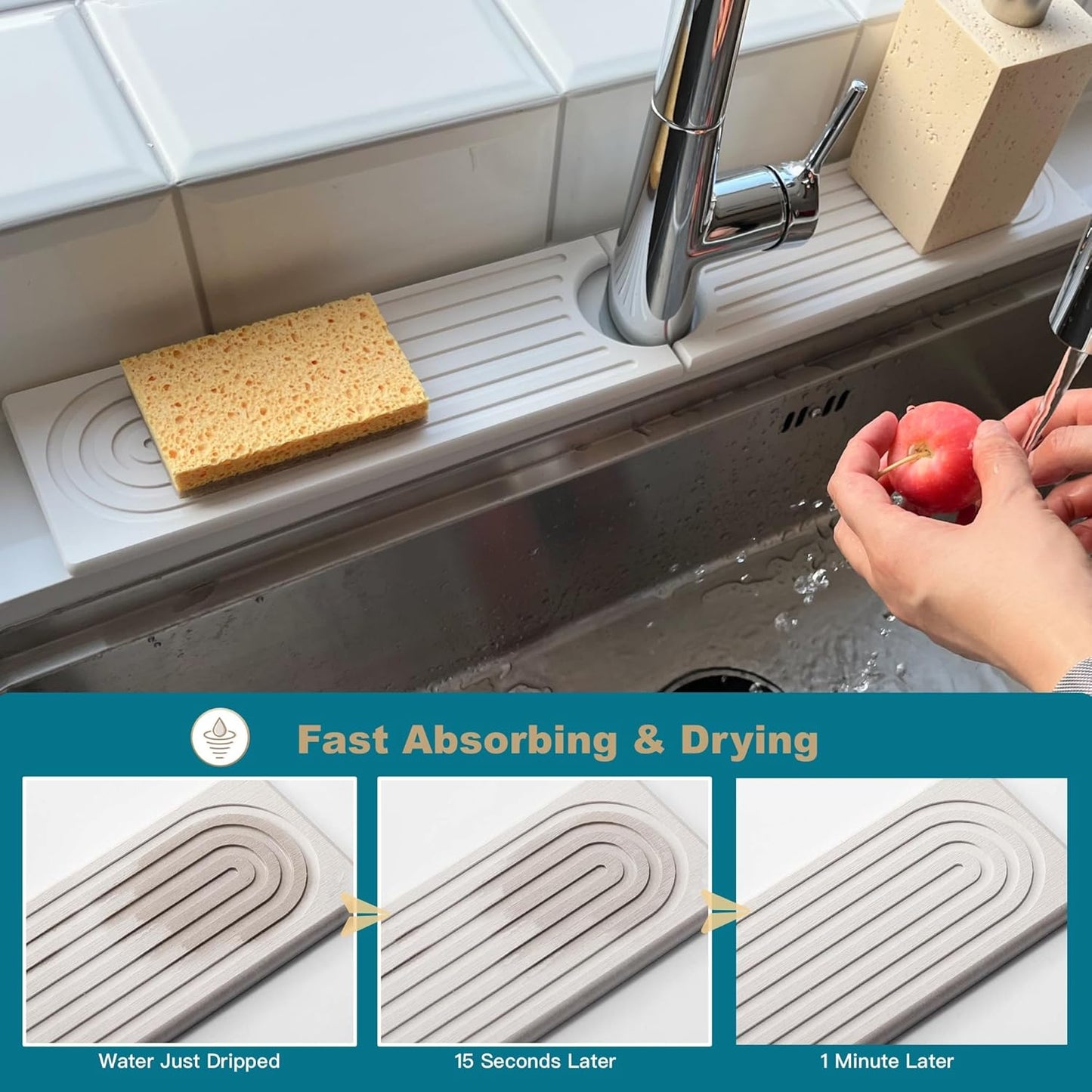Faucet Mat for Kitchen Sink, Stone Drying Mat for Kitchen Counter, Stone Mat Bathroom, Kitchen Mat, Sink Mat, Water Absorbing Stone Tray for Sink, Bathroom Stone Mat(WHITE, 23.6 * 4")