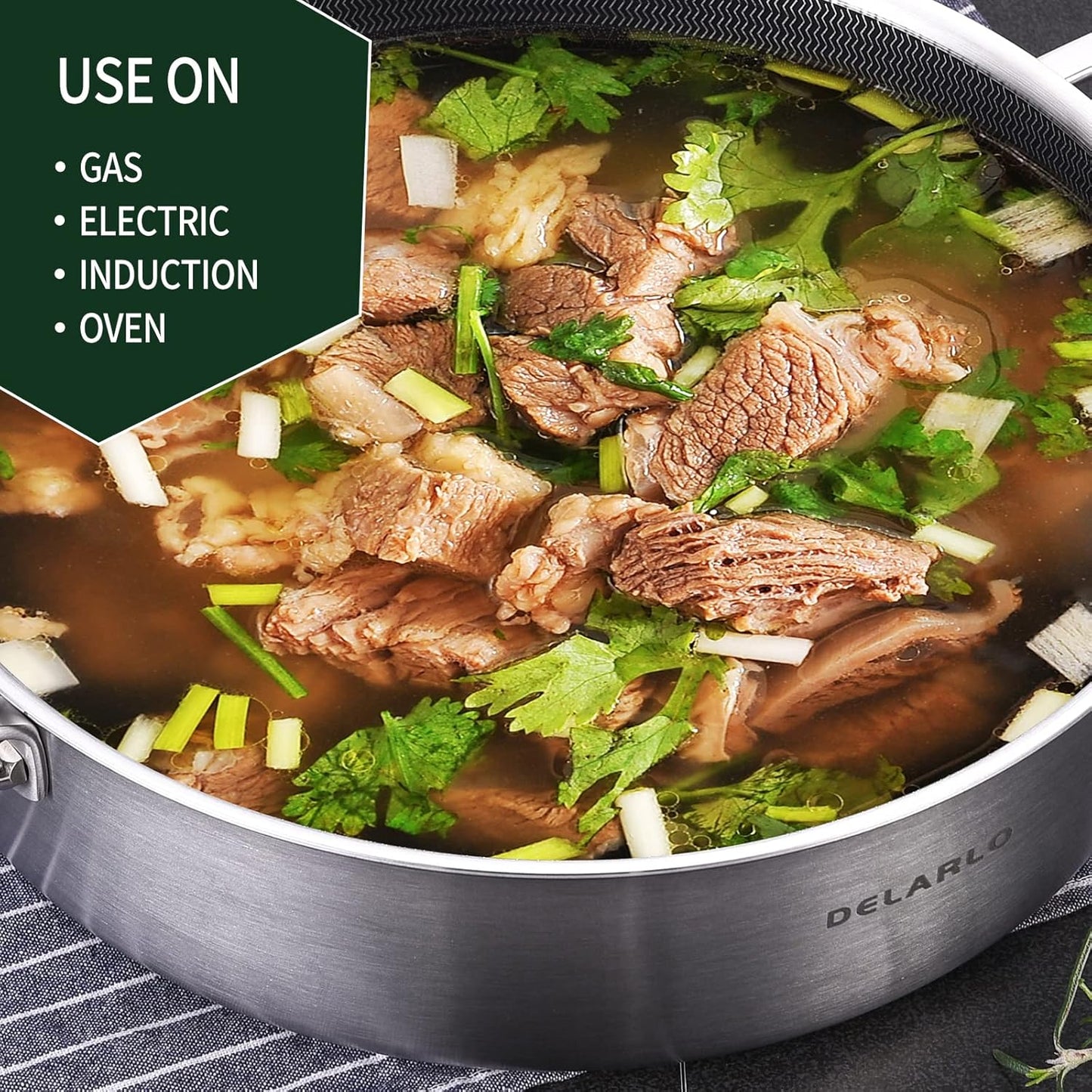 DELARLO Frying Pan,12 inch Skillet with lid,Tri-Ply Stainless Steel Saute Pan 6QT,Dishwasher-Friendly,Stay-Cool Handles,Oven-Safe Up to 660℉