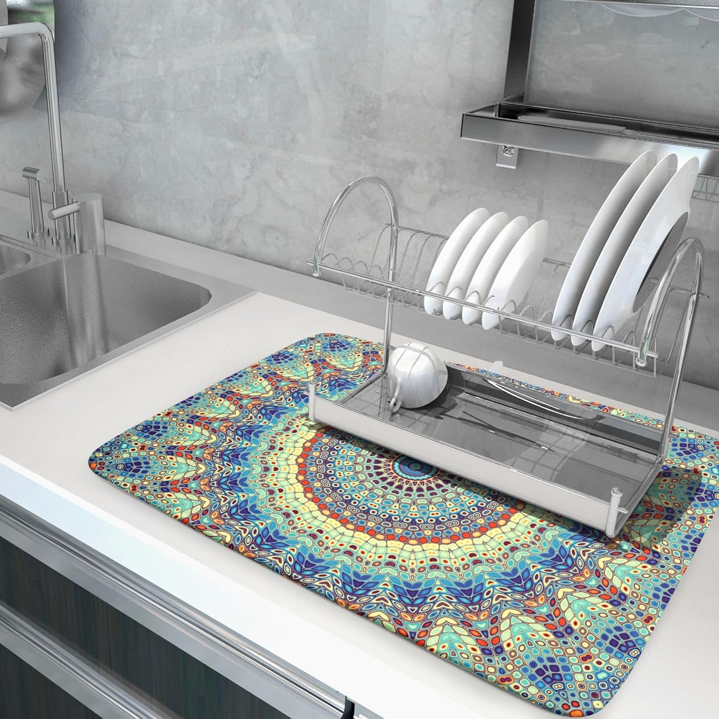 aportt Bohemian Drying Mats for Kitchen Counter 18×24 Inch Boho Mandala Ethnic Large Drying Mat for Dishes Microfiber Farmhouse Dish Rack Mat Drainer Pad Washable Absorbent Dry Mat
