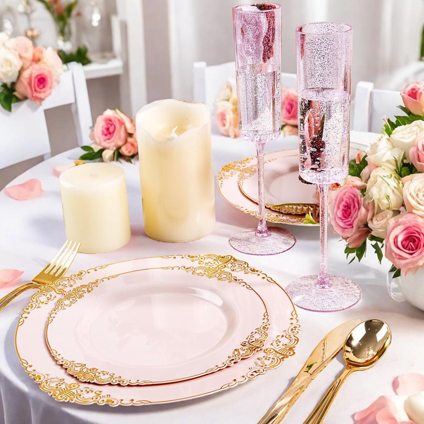 YOUBET 24 Pack Plastic Champagne Flutes - 6 Oz Rose Gold Glitter Disposable Champagne Glasses - Pink Square Plastic Wine Cups Wedding Toasting for Party Birthday Anniversary