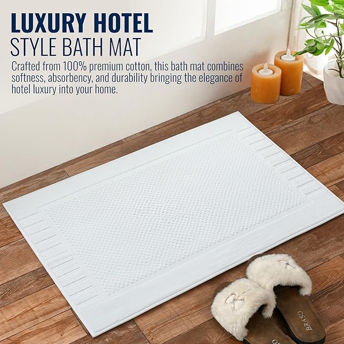 Bulk Hotel Bath Mats – 48 Pack (20x34) Premium White 100% Cotton Bath Mat – 4 Dozen Lightweight, Quick-Dry, Anti-Slip, Machine-Washable Mats for Hotels, Gyms, Spas & Commercial Use