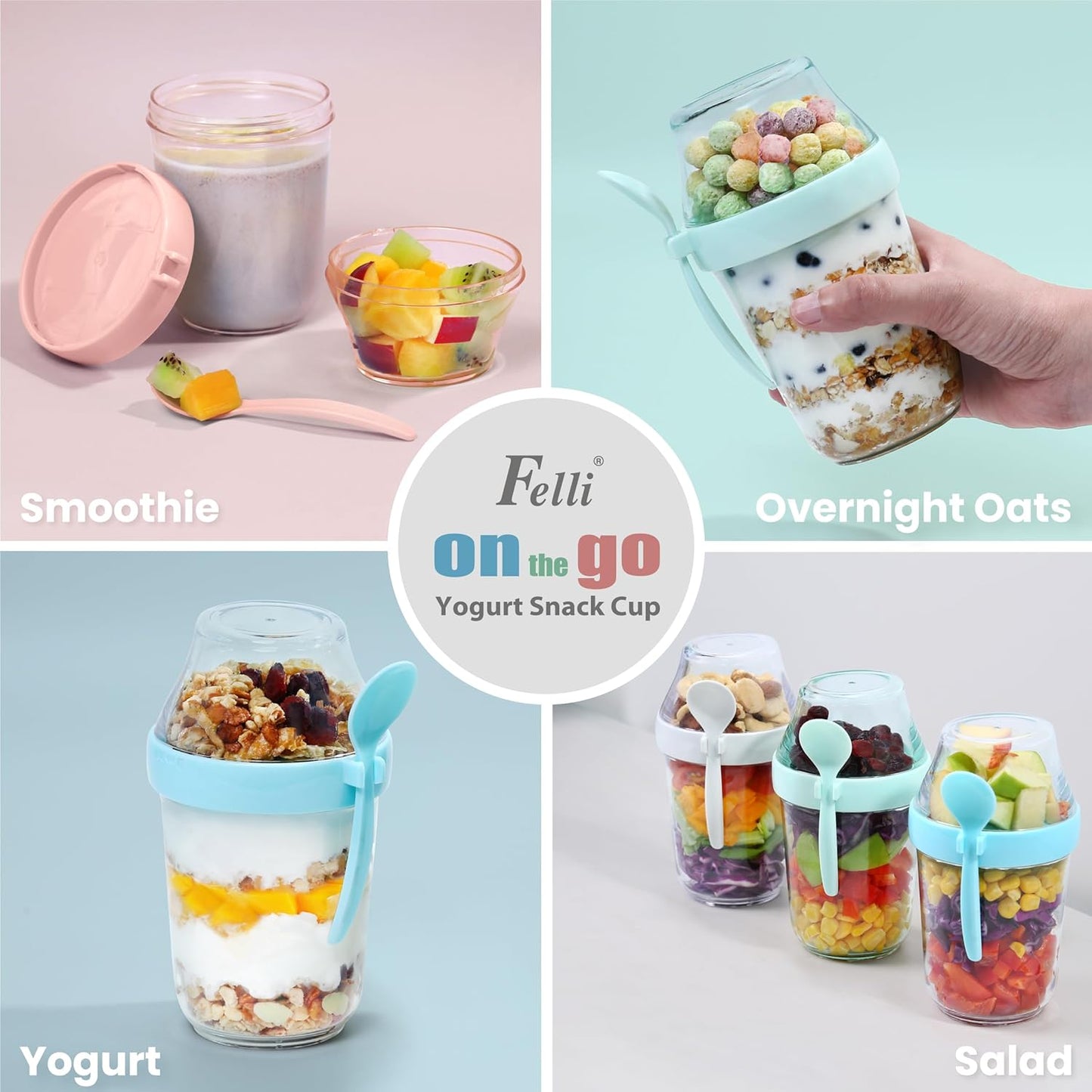 Felli On the Go Yogurt Parfait Snack Cup 12 oz with Spoon & Lid, 100% Leak Proof Granola Holder for To Go Breakfast Cereal Fruit Overnight Oats Container Reusable, Travel Hiking Camping (2, White)