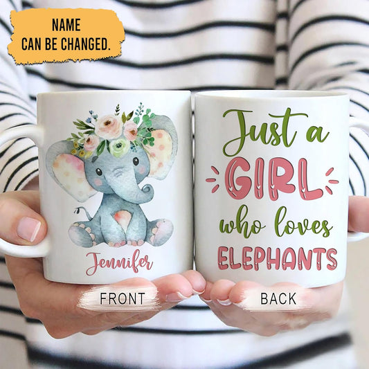 Hyturtle Personalized Gifts Elephant Lover - Just A Girl Who Loves Elephants Custom Name Ceramic Coffee Mug Cup 11oz - Idea Cute Animal Lover Gifts For Women, Girl Daughter On Birthday, Christmas