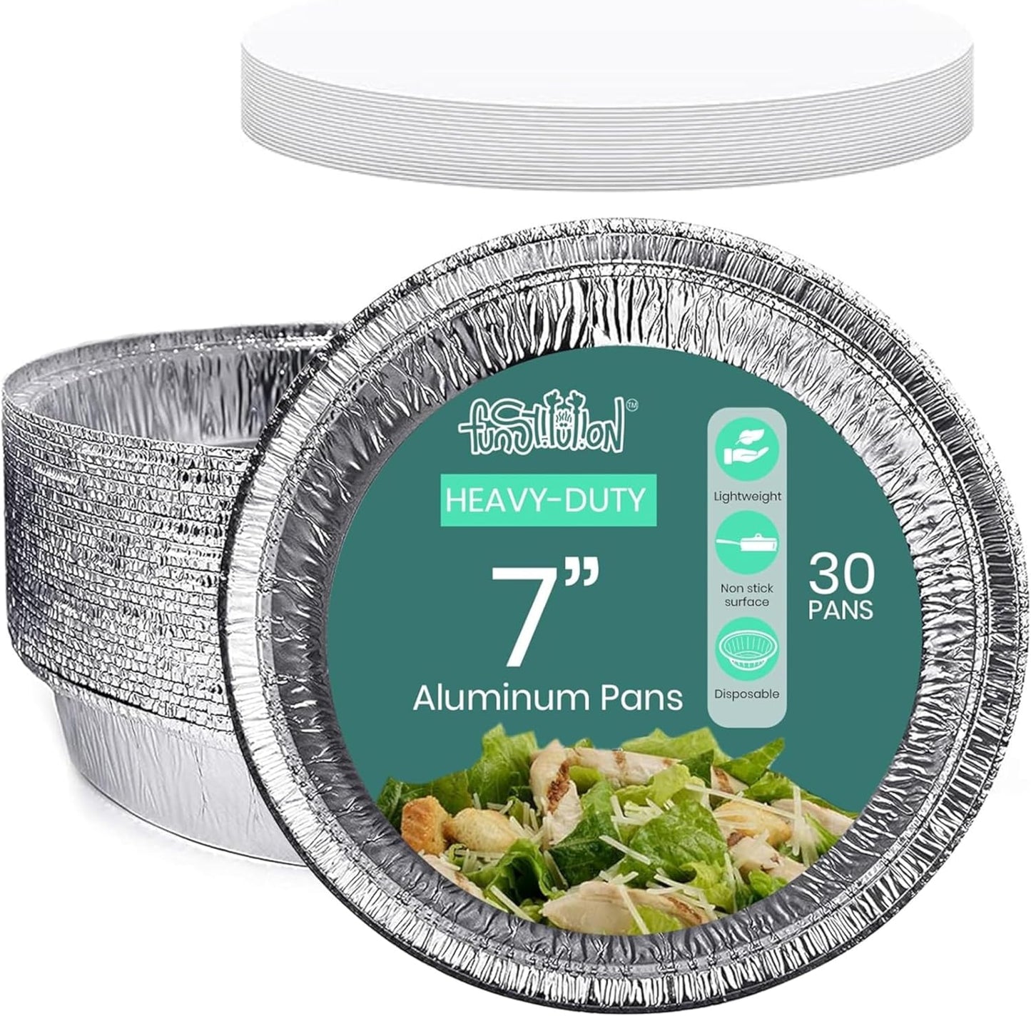 FUNSTITUTION Round Aluminum Pans with Lids (30 Pack) - 7 Inch Disposable Pie Pans - Round Aluminum Foil For Baking, Grilling, Cooking, Storing, Prepping - Pie Tins with Lids