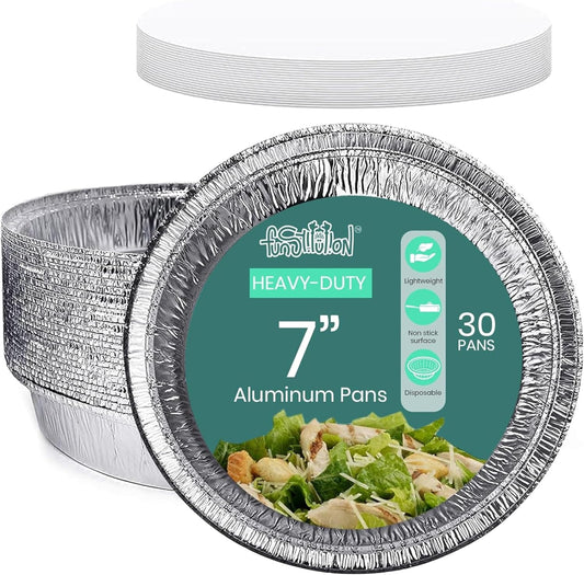 FUNSTITUTION Round Aluminum Pans with Lids (30 Pack) - 7 Inch Disposable Pie Pans - Round Aluminum Foil For Baking, Grilling, Cooking, Storing, Prepping - Pie Tins with Lids