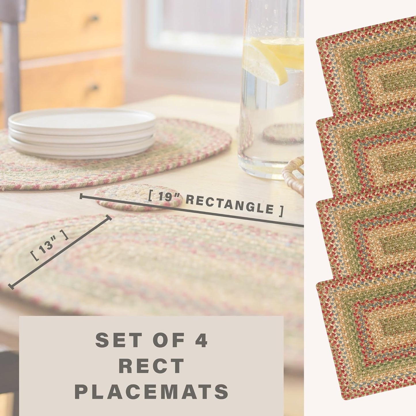 Homespice Azalea Jute Woven Placemats, Warm Country Primitive Decor, Set of 4, Multicolor 13x19 Rectangle Table Mats - Vibrant Colors, Durable, Easy to Clean and Protects Furniture
