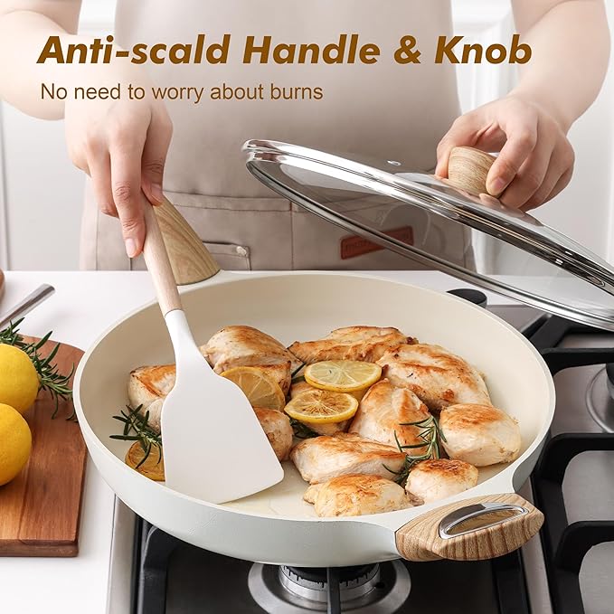 SENSARTE Ceramic Nonstick Frying Pan Skillet with Lid 12.5Inch Large Non Stick Non-toxic Healthy Kitchen Cooking Chef's Pan, Free of Intentionally Added PFOA/PFAS/PTFE, Induction Compatible, White