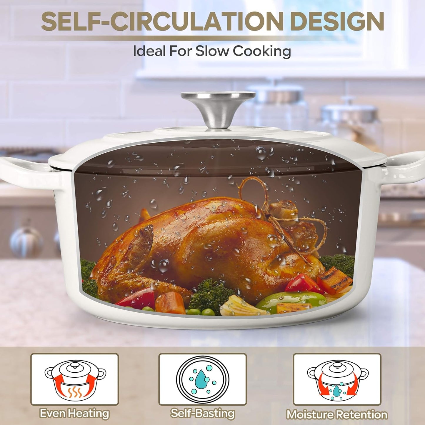 Herogo 3QT Enameled Cast Iron Dutch Oven with Lid, Heavy Duty Round Dutch Oven Pot with Dual Handles for Bread Baking Stewing Roasting, Safe for Various Stovetops, Nonstick & Easy Cleanup - White