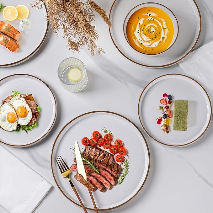 AmorArc Dinnerware Set for 4, 12 Pieces Ceramic Plates and Bowls Set, Handcrafted Speckled Stoneware Plates, Dishwasher & Microwave Safe Dishes- (White, Service for 4)