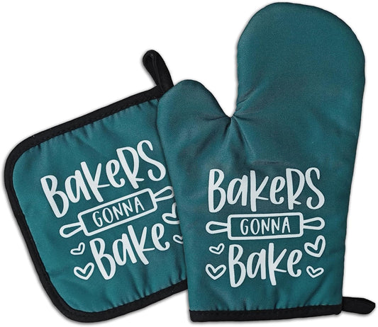 Funny Baker Oven Mitts and Pot Holders（Set of 2） Bakers Gonna Bake Heat Resistant Mitts for Kitchen Decor Silicone Non-Slip Oven Mitts Novelty Kitchen Baking Gifts for Women Men Bake Lover