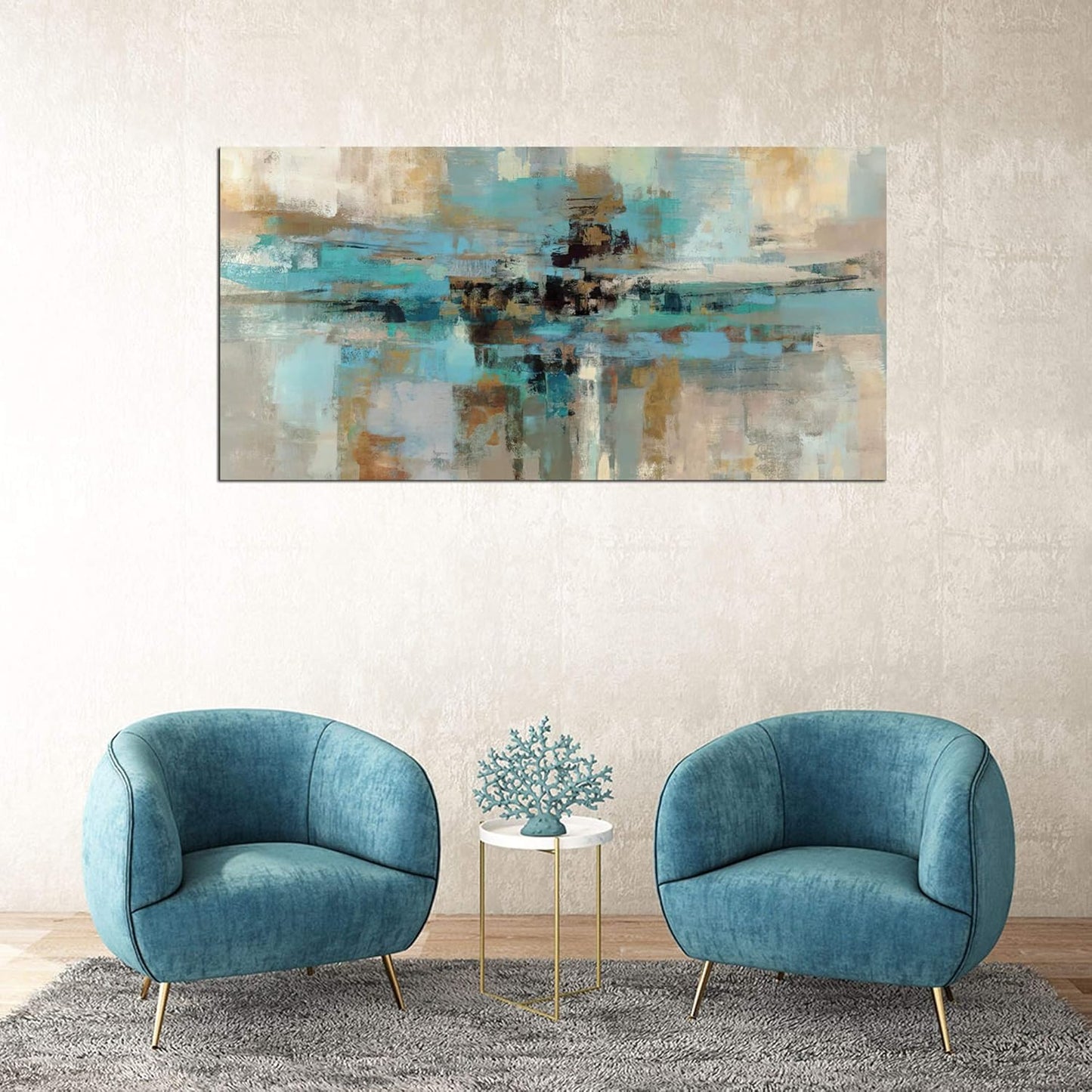 DZL Art A74750 Canvas Prints Abstract Wall Art Print Paintings Blue and Brown Stretched Canvas Wooden Framed for living Room Bedroom and Office Home Decor Artwork