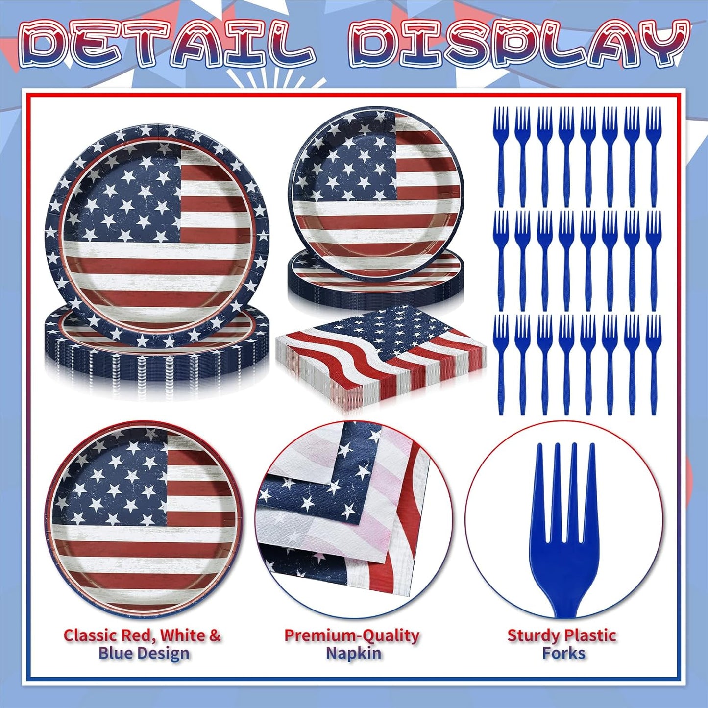 96 Pieces Patriotic Tableware Set – Vintage American Flag Disposable Dinnerware with Paper Plates, Napkins, Cups, Forks for Fourth of July, Memorial Day, Veterans Day Celebrations, Serves 24 Guests