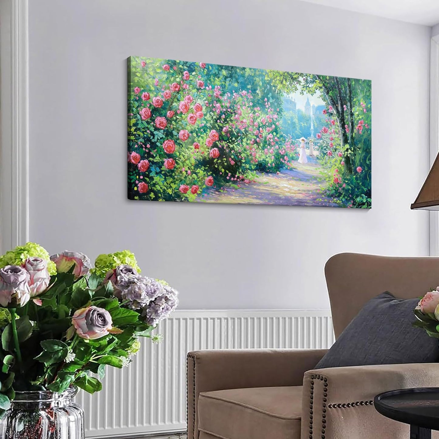 CHATYOUNG Canvas Wall Art Living Room, Blooming Red Roses Manor Landscape Wall Painting Monet Style Wall Art Green Picture Ready to Hang Bedroom Bathroom Kitchen Home Decor Gifts for Women 20x40 In