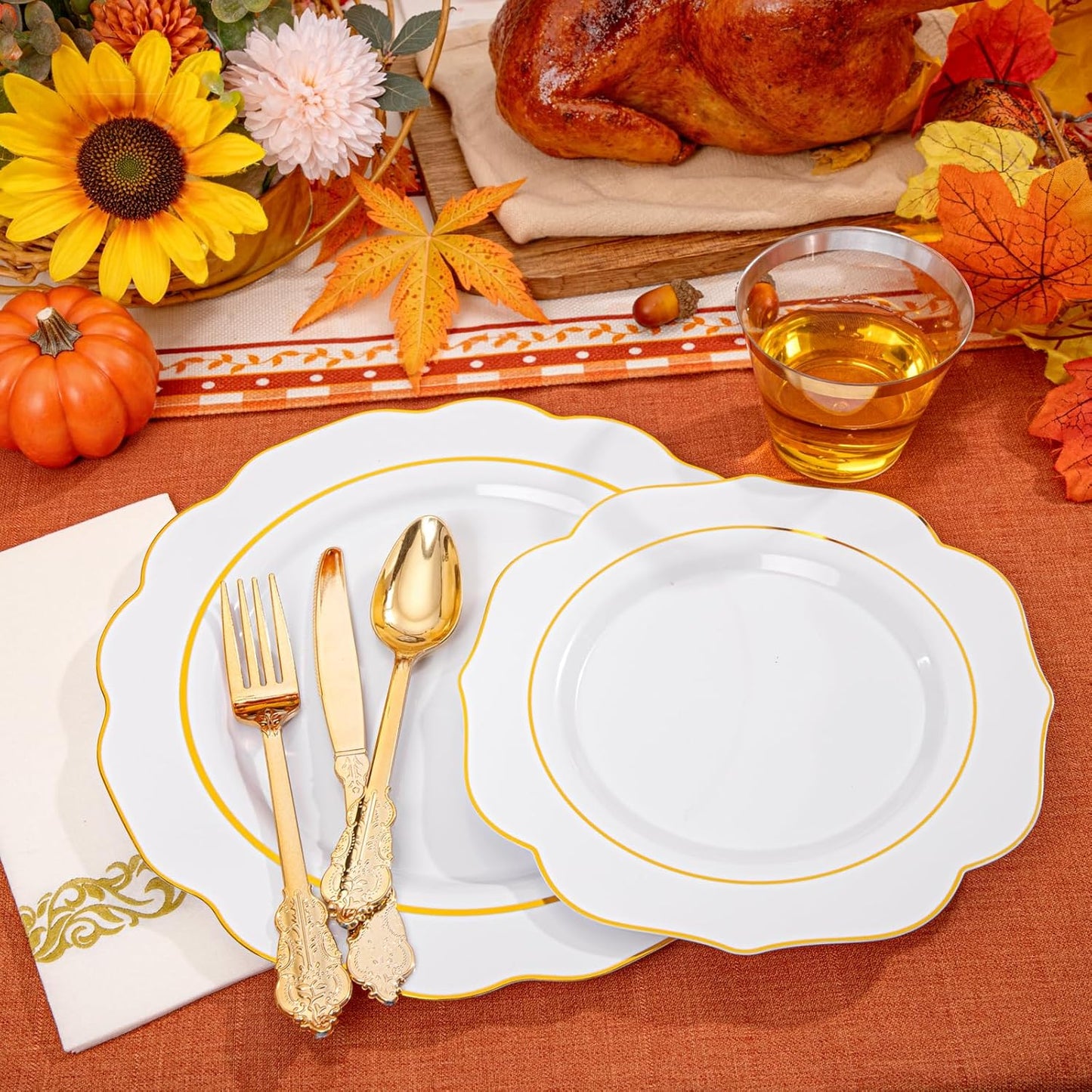 NOCCUR 175PCS Gold Plastic Plates with Disposable Silverware - White Gold Plastic Tableware Include 25 Dinner /25 Dessert Plates, 75 Cutlery, 25 Cups, 25 Napkins - Ideal for Fall Party&Thanksgiving