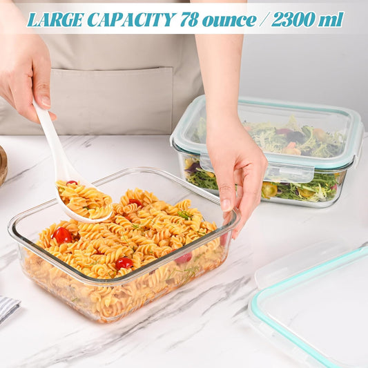 2Pack 9.8 Cups/ 78 Oz Large Glass Food Storage Containers with Lids, Glass Meal Prep Containers with Airtight Lids - BPA Free, Leakproof, Ideal for Food Storing/Serving, Microwave/Oven Safe