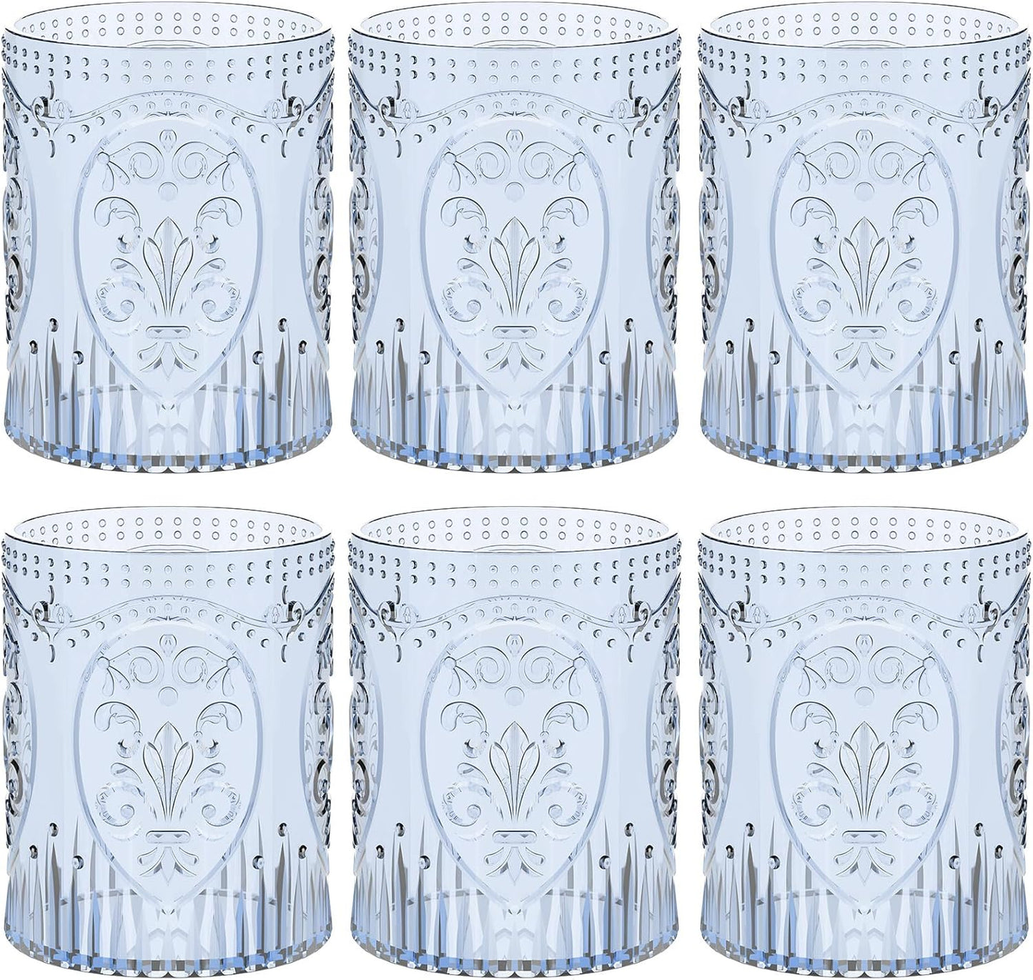 6 Plastic Vintage Drinking Glasses 8.5oz Stemless Retro Embossed Wine Glasses Shatterproof Reusable Cups for Baby Shower Wedding Reception Grand Event Party (Blue)