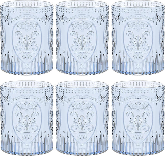 6 Plastic Vintage Drinking Glasses 8.5oz Stemless Retro Embossed Wine Glasses Shatterproof Reusable Cups for Baby Shower Wedding Reception Grand Event Party (Blue)