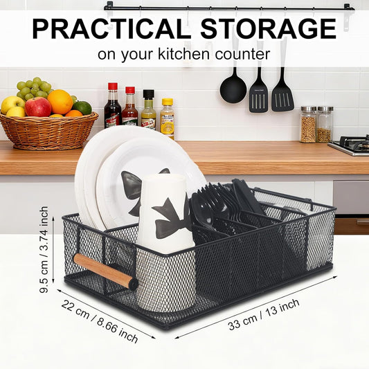 Paper Plate Holders with Wooden Handle for Countertop Cutlery Holder for Party Silverware Plastic Silverware Organizer Utensil Caddy for Kitchen,Picnic,Indoor/Outdoor Dinner Parties,BBQ