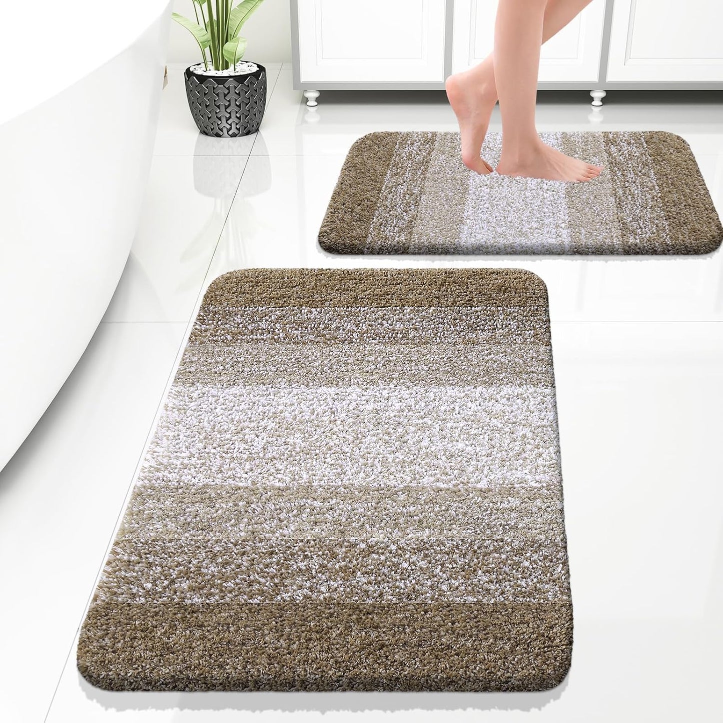 OLANLY Bathroom Rug Set 2 Piece, Soft Absorbent Microfiber Bath Rug Set, Non-Slip, Machine Wash Dry, Plush Shaggy Bath Mats for Bathroom (30"x20"+24"x16", Coffe)