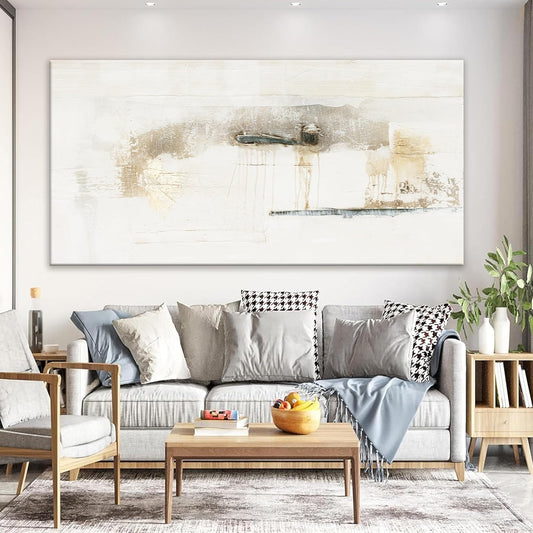 QSQ Abstract Wall Art Off White Large Size Artwork Wall Decor Canvas Painting Stretched Canvas Wooden for Living Room Bedroom Office Home Decor ready for hanging 29"x58"