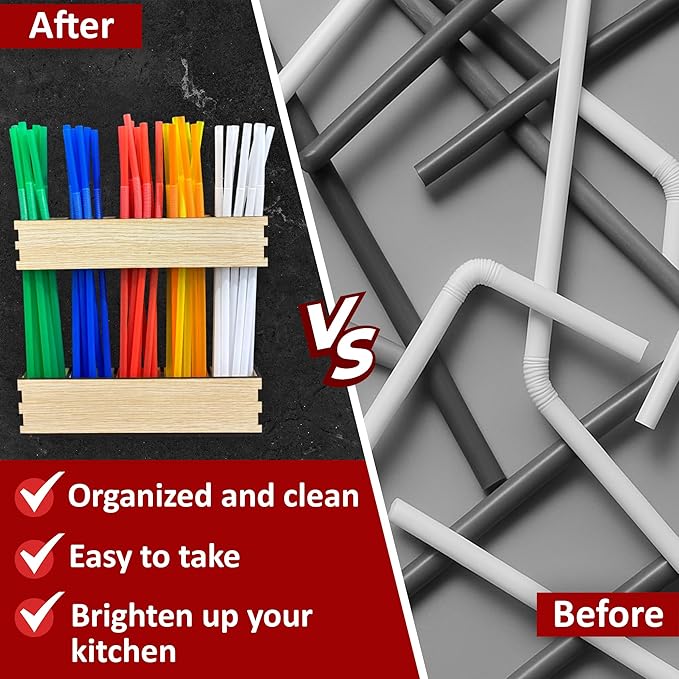 Wooden Straw Holder for Cabinet Door or Countertop Rustic Organizer & Dispenser for Reusable Tumbler Straws, Space-Saving Kitchen Accessories Container, Cupboard Storage (Wooden)