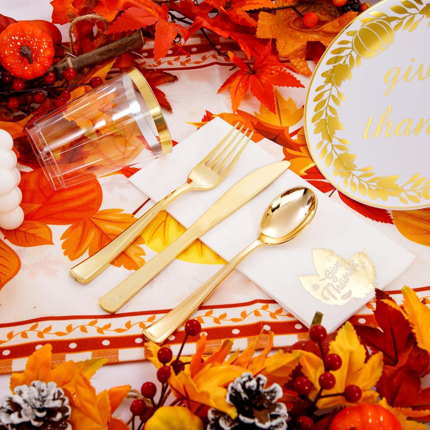 YOUBET 175PCS Thanksgiving Plastic Plates - Thanksgiving Gold Disposable Plates - Fall Plastic Plate Include 50 Plate, 25forks, 25Knives, 25Spoons, 25 Napkins, 25Cups for Fall Party