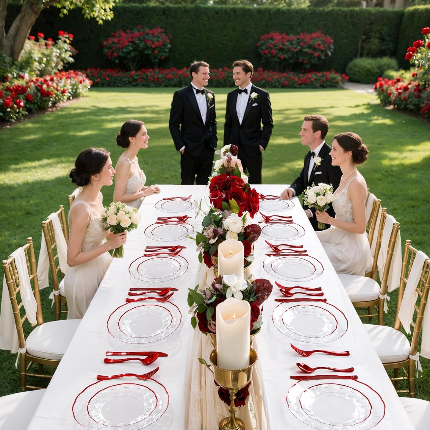 EI 150pcs Clear and Red Plastic Plates,Plastic Plates and sliverware,Clear Disposable Party Dinnerware Set for 30 Guests,Red Wavy Petal Edge Disposable Dinnerware Set for Wedding,Showers,Birthdays.