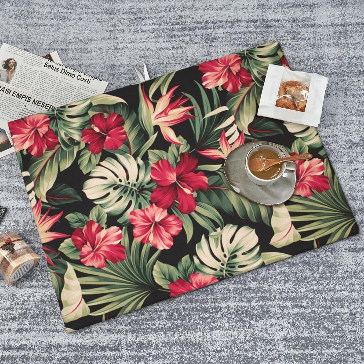 Red Flowers Dish Drying Mats for Kitchen Counter, Blossom Floral Large Mat Dishes Microfiber Diatom Mud Rack Drainer Pad Washable Absorbent Dry 18×24 Inch Coffee Bar Decor Coffee Station Accessories