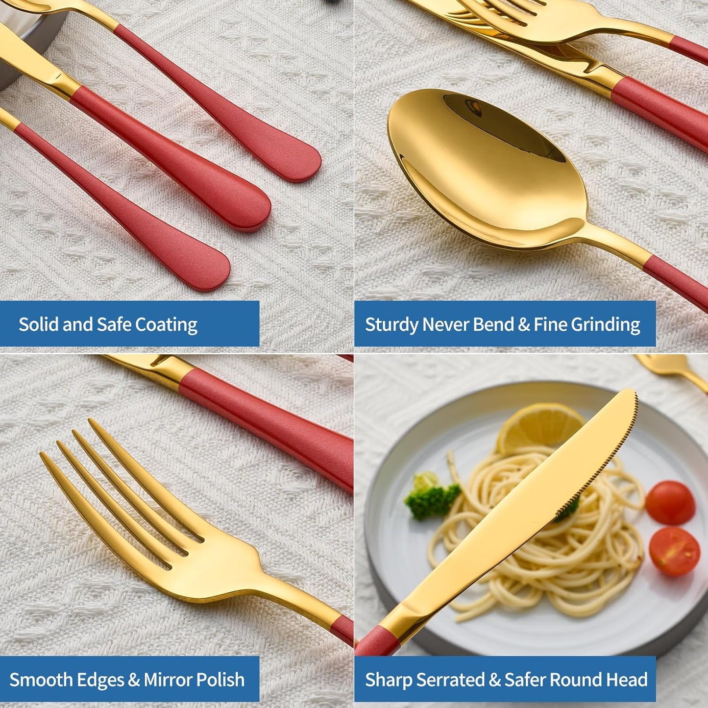 20-Piece Red & Gold Silverware Set, 18/0 Stainless Steel Colorful Handle Flatware Set,Service for 4,Modern Cutlery Set Includes Dinner Knives Forks Spoons,Mirror Polished,Dishwasher Safe