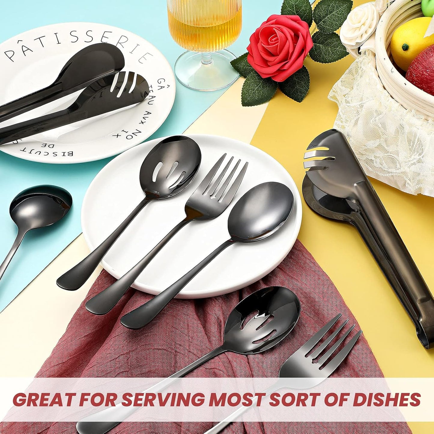 Patelai 8 Pieces Christmas Stainless Steel Black Serving Utensils Set 8.7" Large Spoons and Slotted Spoon 9.45" Tong 9" Forks Flatware Wedding Party Buffet Banquet Cooking Kitchen Catering