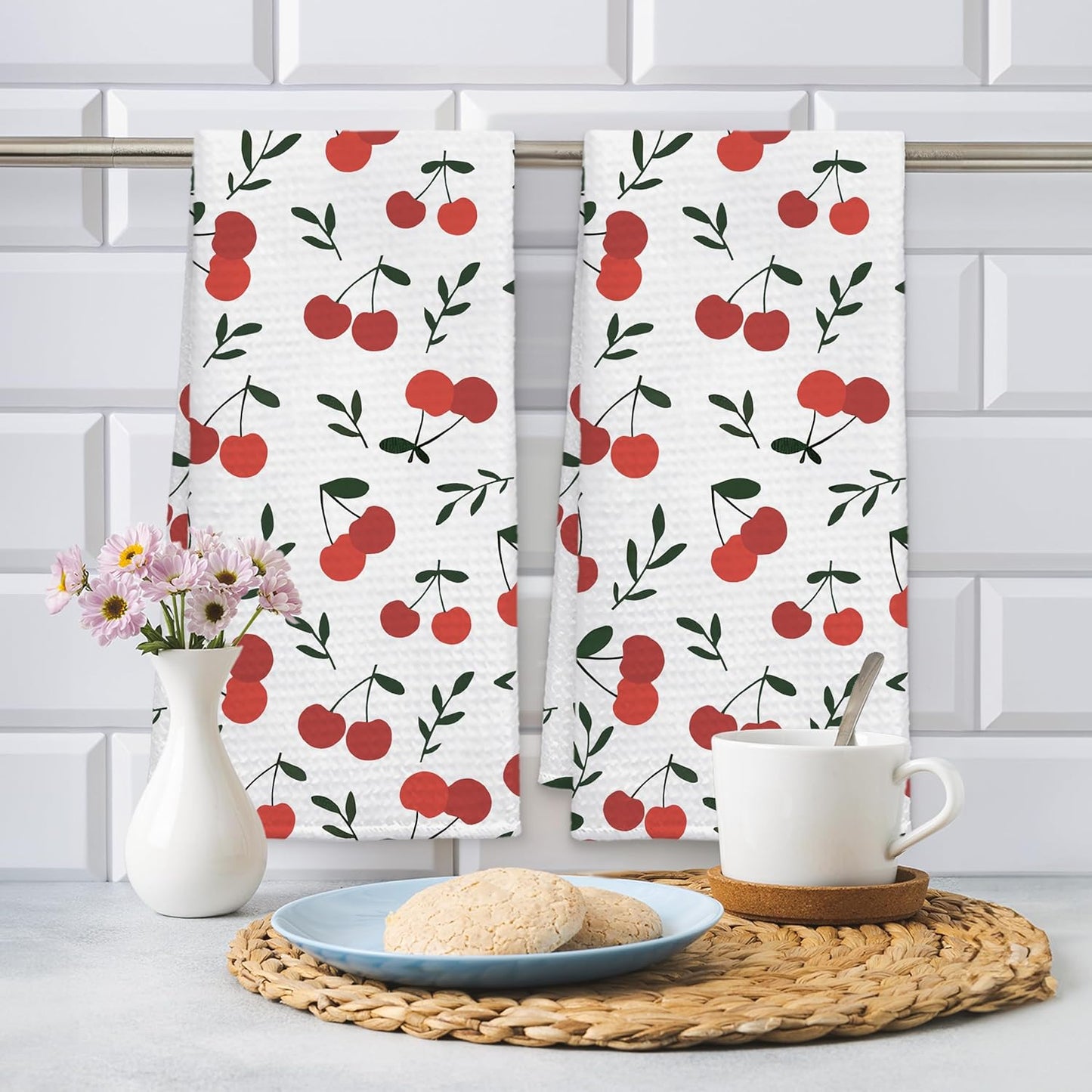 Cherry Decor Kitchen Towels Set of 2, Cherry Hand Towels Dish Towels for Kitchen Bathroom Decor, Fruit Lover Gifts, 16x24 Inches