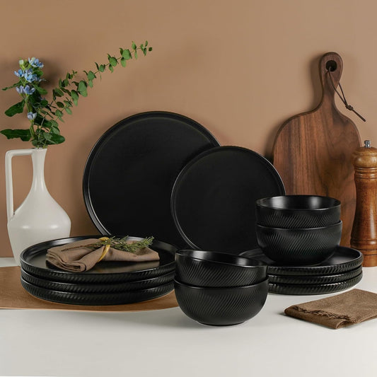 Matte Black Plates and Bowls Set 12pcs, Stoneware Dinnerware Sets for 4, Dishwasher and Microwave Safe Ceramic Dishes Set, Ribbed, Obsidian Night