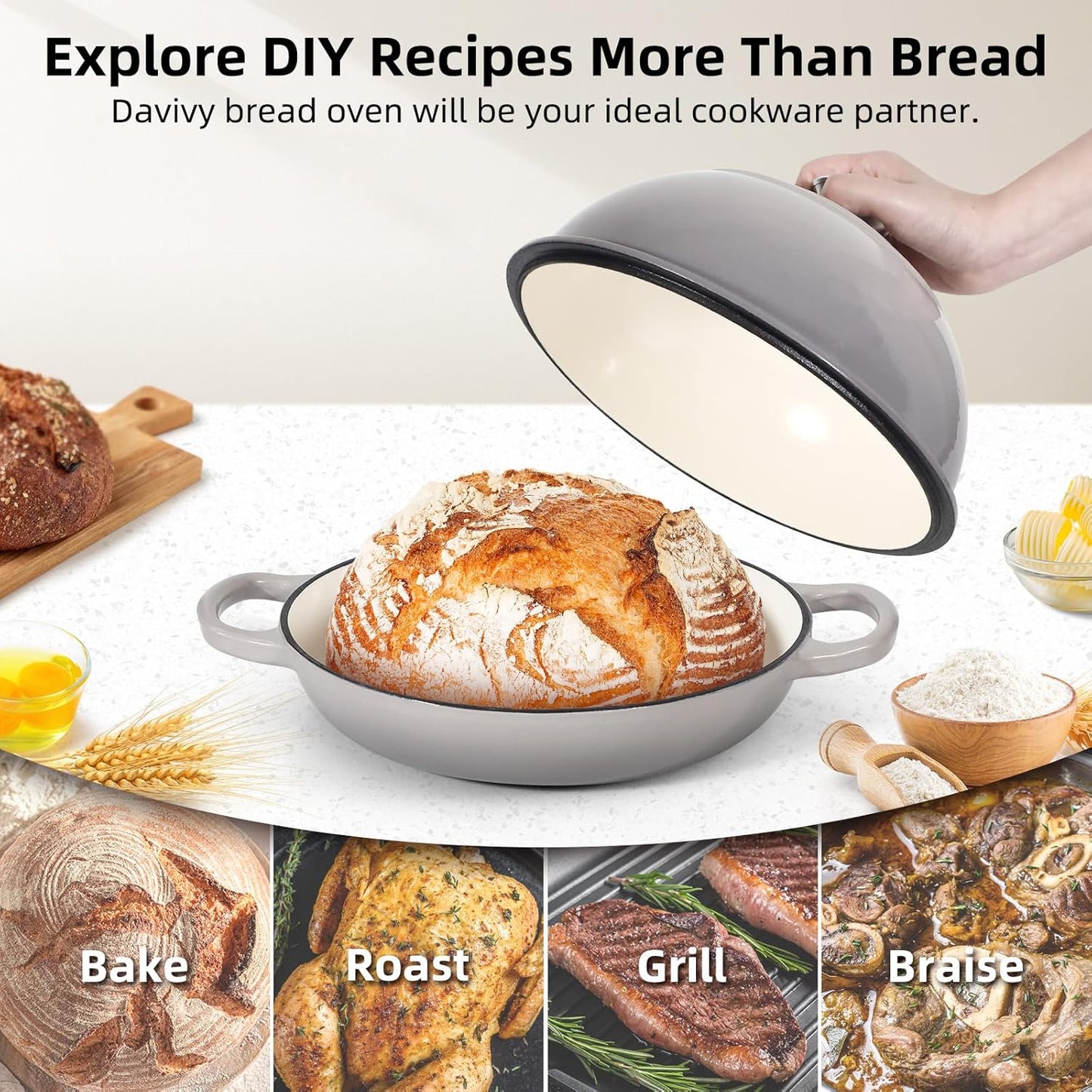 Davivy 5.5QT Enameled Cast Iron Dutch Oven, 10" Round Bread Dutch Oven, Sourdough Bread Baking Pan, Enameled Cast Iron Bread Oven, with Silicone Oven Mitts - Light Grey