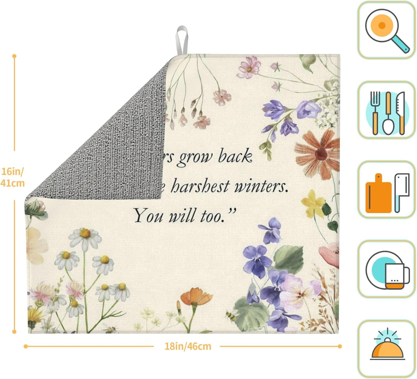 Inspirational Flower Language Dish Drying Mat 16x18 Inch, Microfiber Absorbent Fast Dry Mat Daisy Floral Large Dish Mat Drying Kitchen Mat, Kitchen Drying Pad for Kitchen Counter Decor