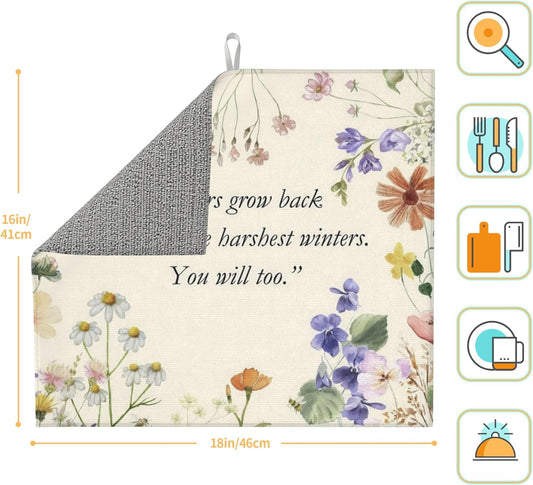 Inspirational Flower Language Dish Drying Mat 16x18 Inch, Microfiber Absorbent Fast Dry Mat Daisy Floral Large Dish Mat Drying Kitchen Mat, Kitchen Drying Pad for Kitchen Counter Decor