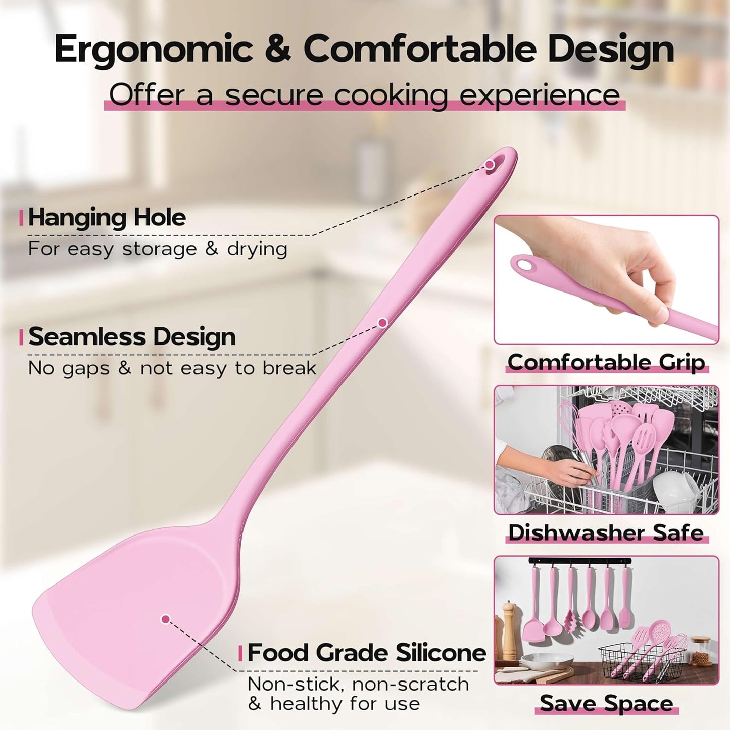 Onader Silicone Cooking Utensils Set, 10 Pieces Kitchen Utensils Set, Pink Kitchen Gadgets Tools Kit for Nonstick Cookware