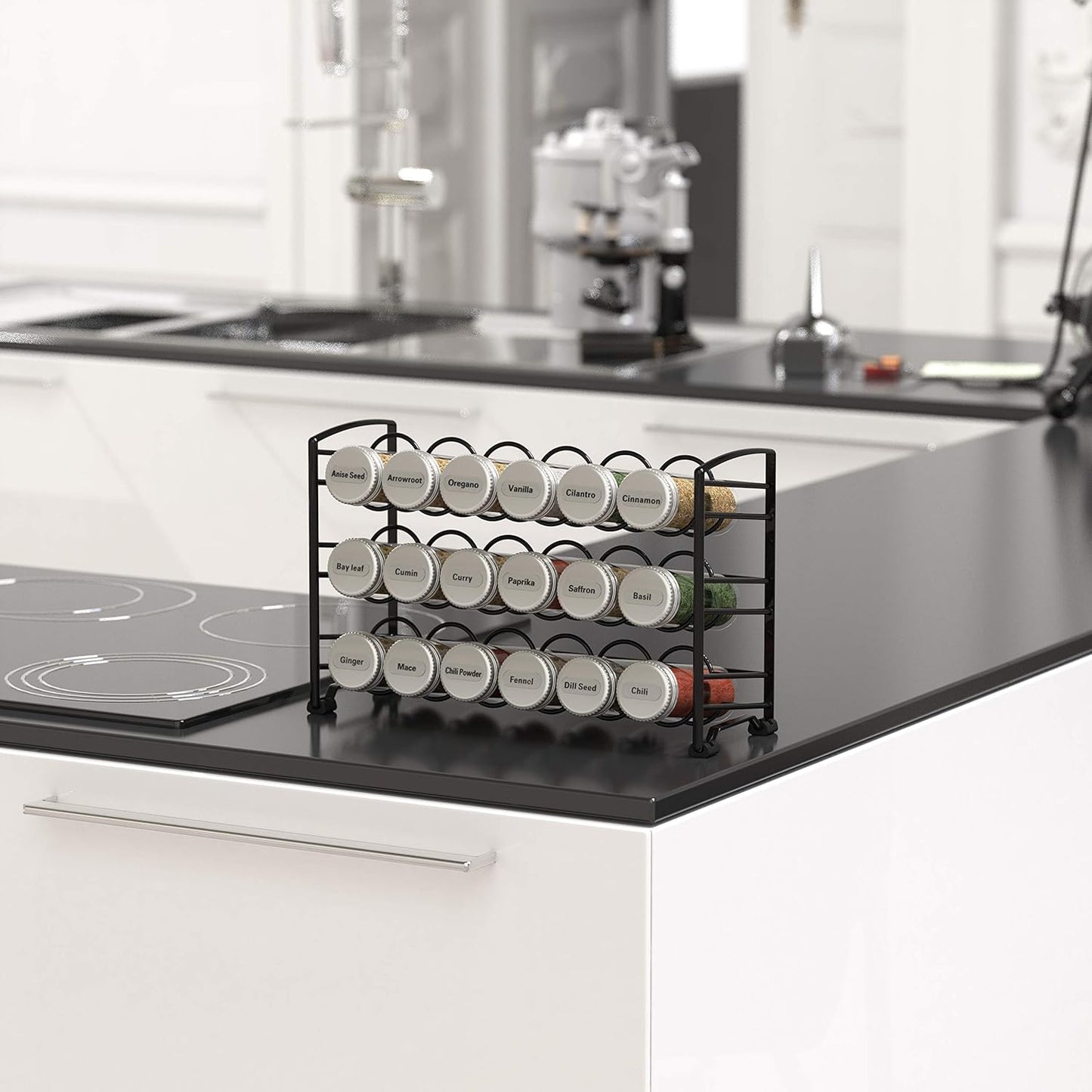 Deco Brothers Spice Rack Stand holder with 18 Bottles and 48 Labels, Black