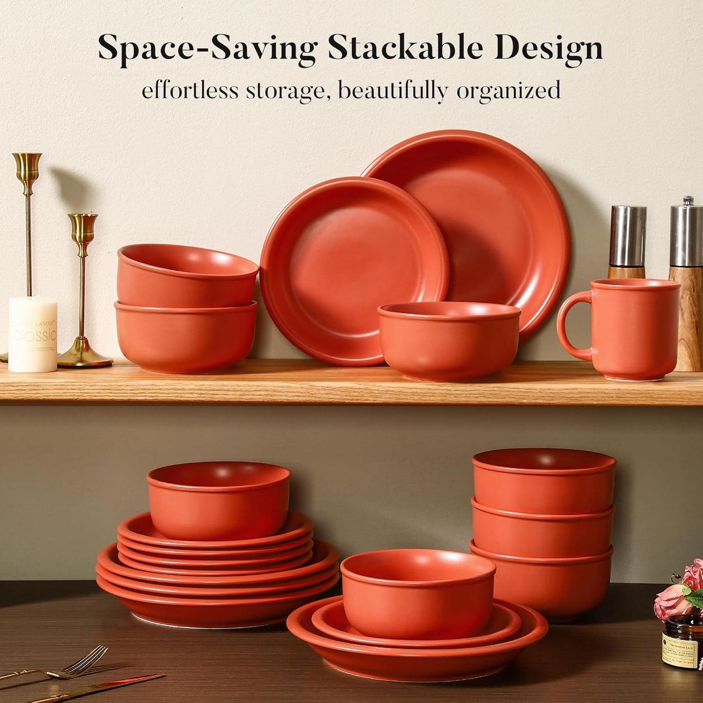 GZG Vintage Series - Ceramic Dinnerware Set for 2, 6 Pieces Stoneware Plates and Bowls Set, Lead-Free, Handcrafted Dishes Set, Microwave & Dishwasher Safe - Terracotta Red